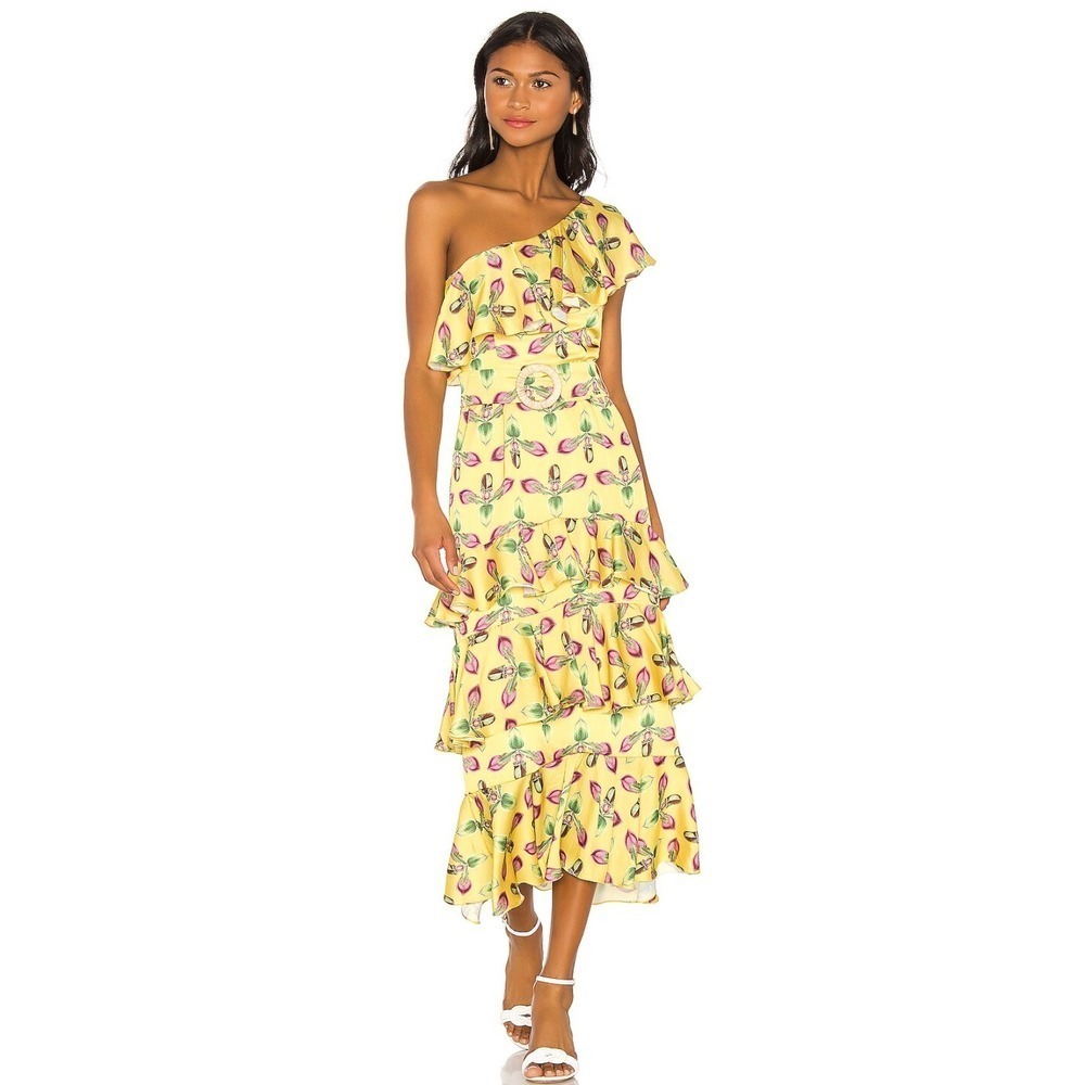B44 PatBO One Shoulder Tiered Midi Dress Women 2 Yellow‎ Floral Event Wedding
